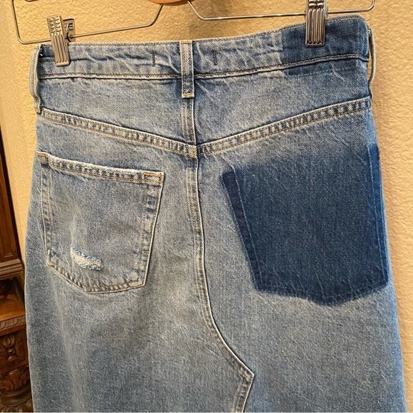 WE THE FREE Women Blue Button Fly Rip Asymmetrical Maxi Denim Boho Skirt Size 0 - Picture 6 of 9